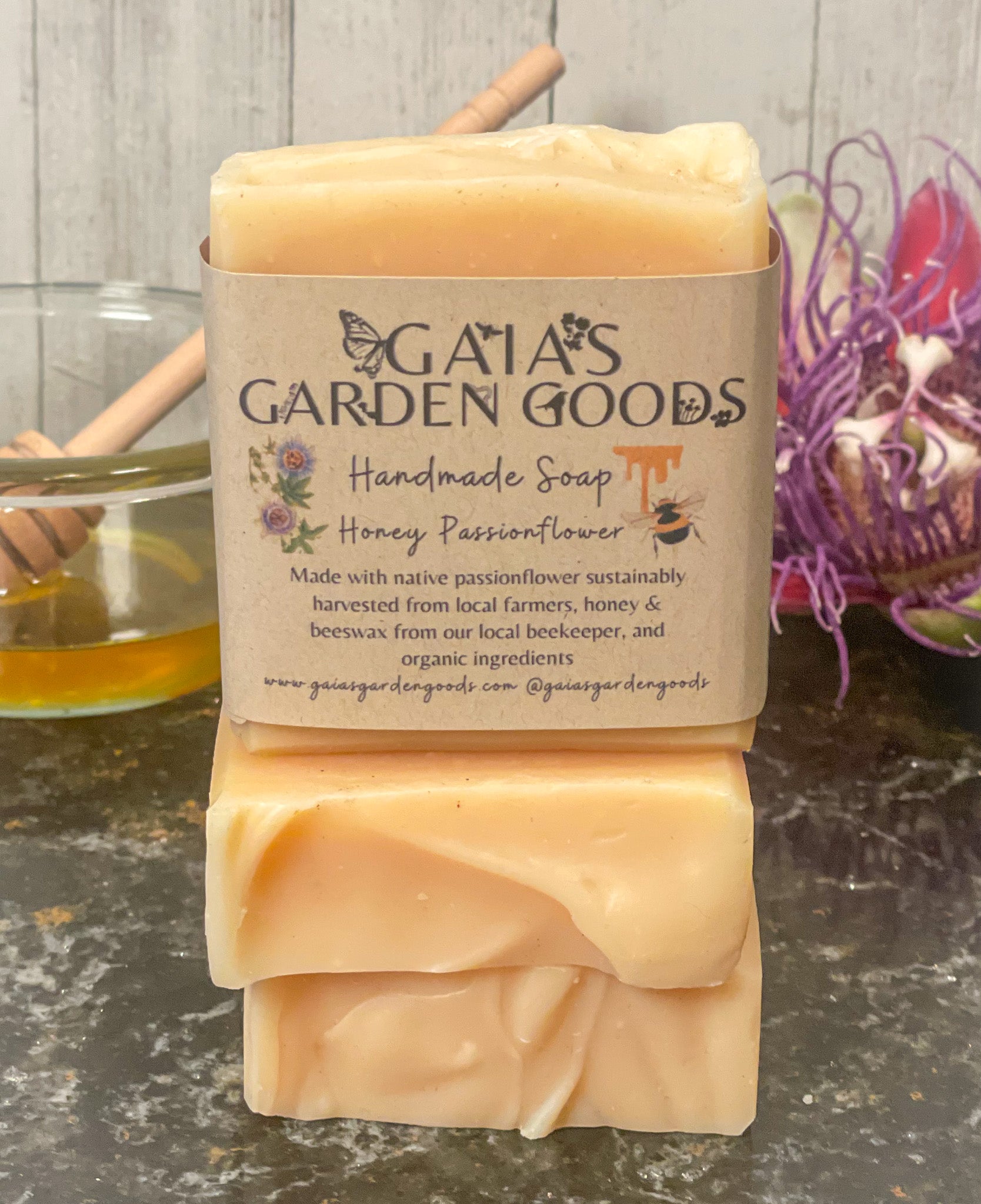 Gaia's Garden Goods handmade soap. Honey Passionflower. Made with native passionflowers sustainably harvested from local farmers, honey & beeswax from local beekeepers, and organic ingredients. visit www.gaiasgardengoods.com to learn more