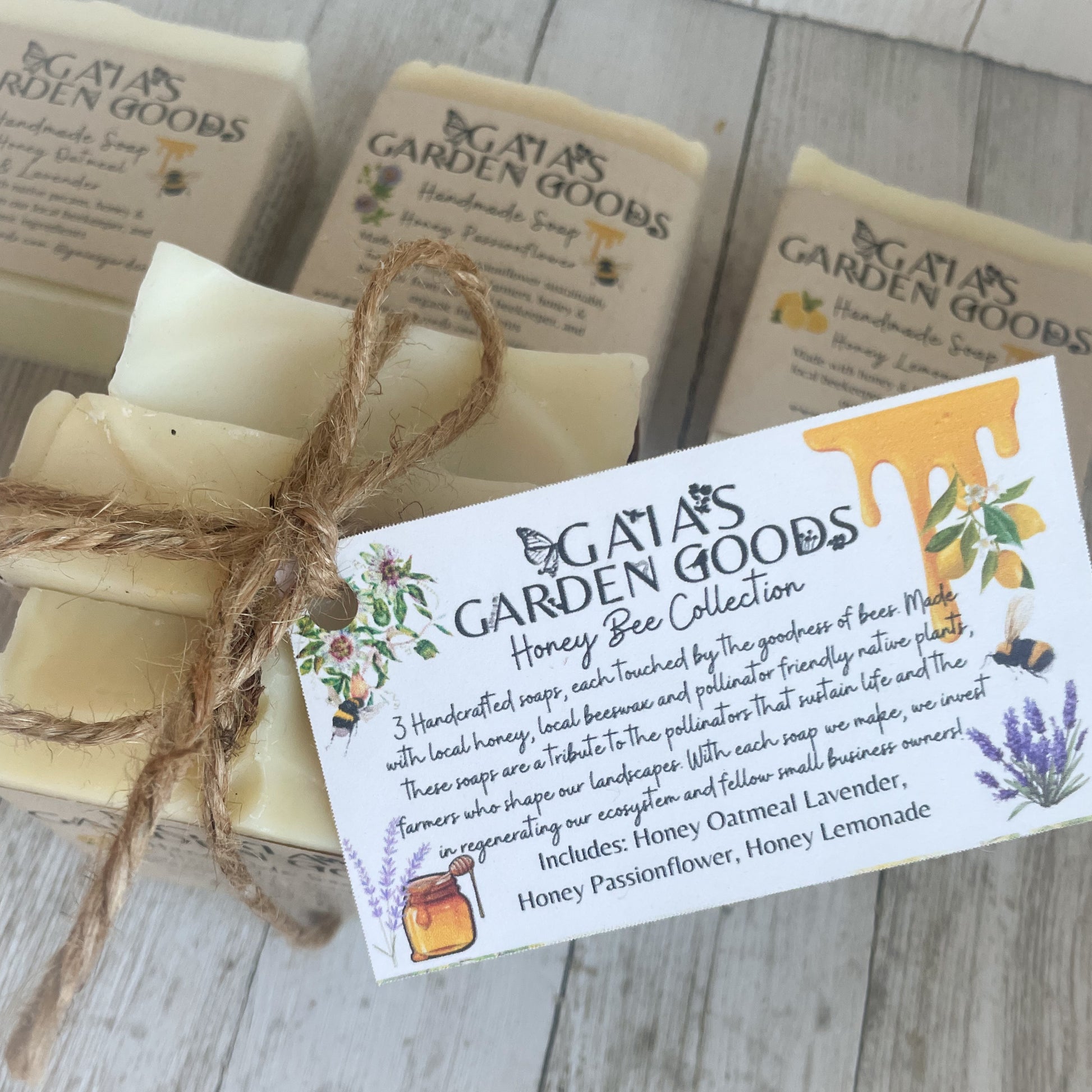  3 Handcrafted soaps, each touched by the goodness of bees. Made with local honey, local beeswax and pollinator friendly native plants, these soaps are a tribute to the pollinators that sustain life and the farmers who shape our landscapes. With each soap we make, we invest in regenerating our ecosystem and fellow small business owners!