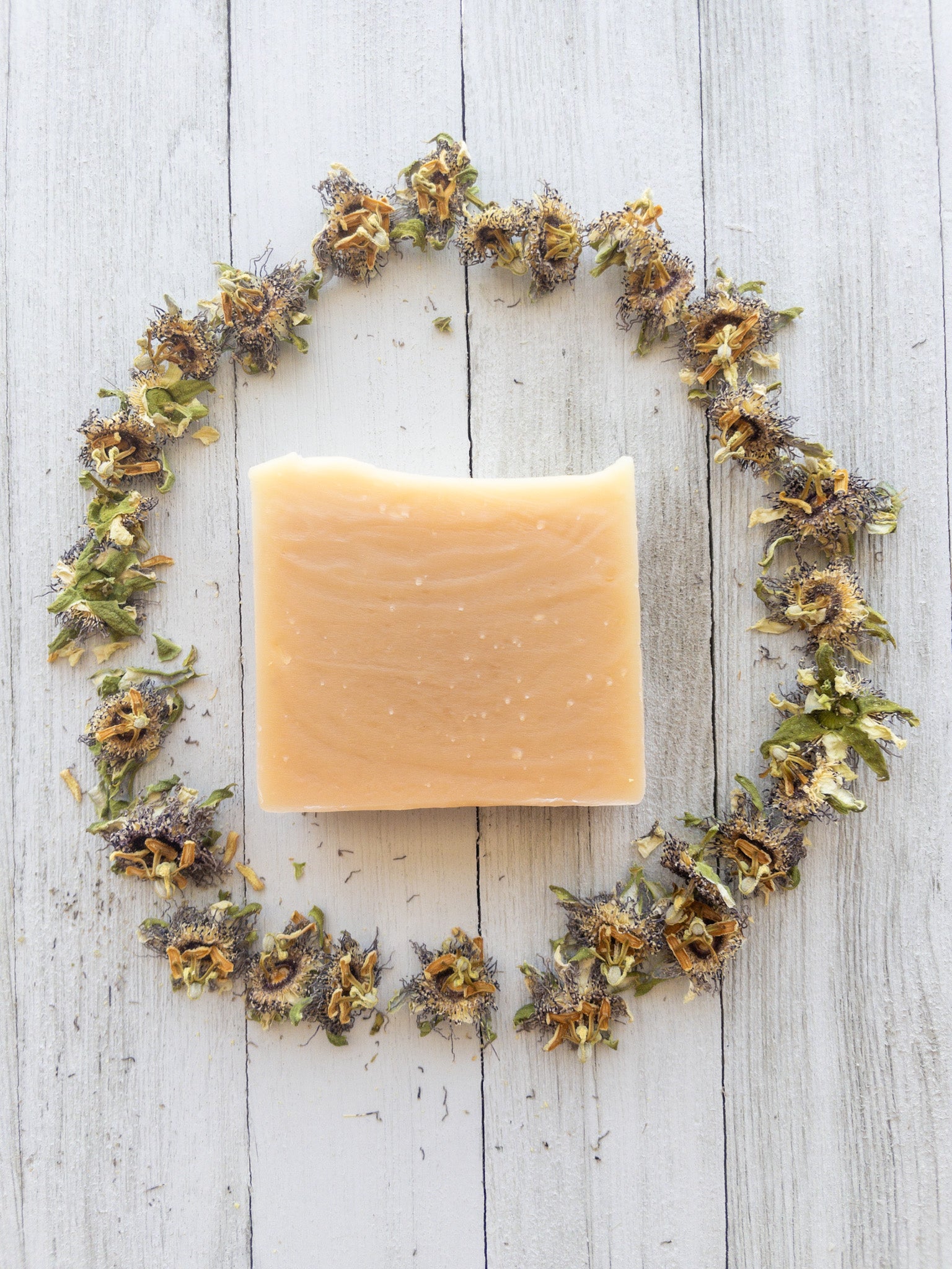 Honey Passionflower soap laid flat and encircled by dried passionflowers